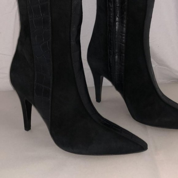 37/7❤️VALENTINO BLACK Suede & LEATHER Over Knee Thigh High Heel BOOTS ITALY - Picture 6 of 16